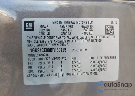 2011 GMC Yukon Slt from USA, damaged, VIN 1GKS1CE08BR130725